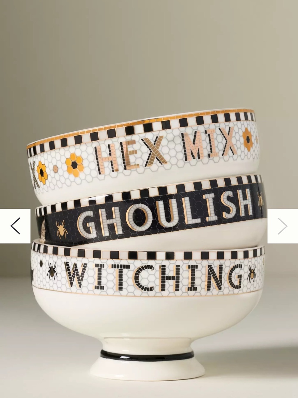 Anthropologie Ceramic Halloween Bowl Stack - White, Black & Gold(each)